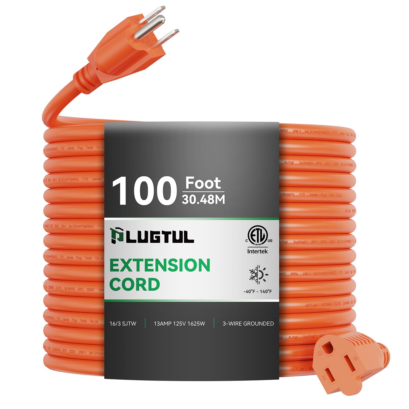 Outdoor Extension Cord 100 Ft Waterproof, 16/3 Gauge Heavy Duty 3 Prong Extension Cord, 13A 1625W Sjtw, Etl Listed, Great For Ga