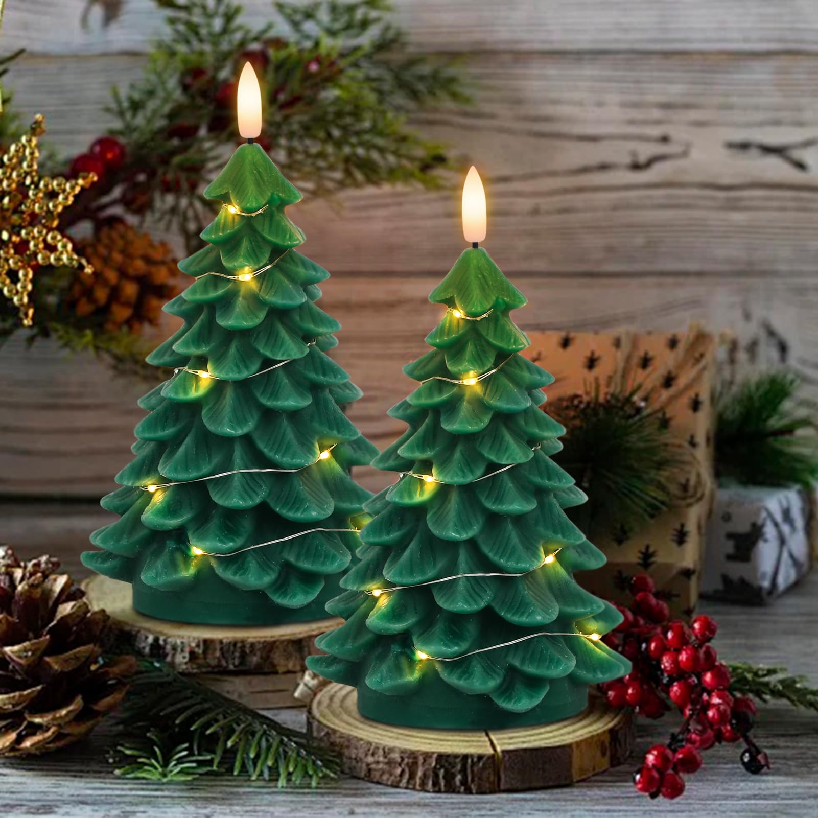 Wondise Christmas Tree Flameless Candles With String Lights 11 Key Remote And Timer, Real Wax Battery Operated 3D Wick Led Flick