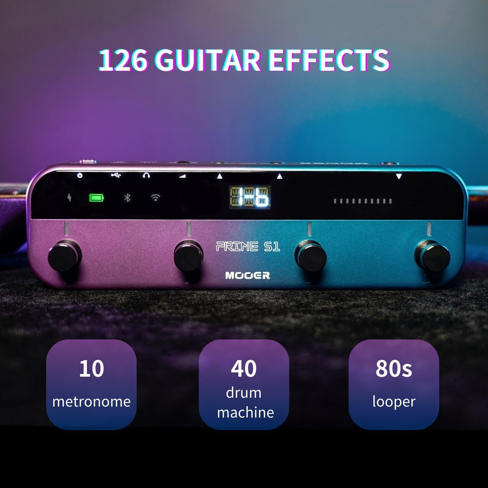 Mooer S1 Multi Effects Processor, Stereo Electric Guitar Pedals With Wireless Footswitch Controller 2 In 1 126 Guitar Effects Tuner 10 Metronome 40 Drum Machine 80S Looper Otg Usb Recording