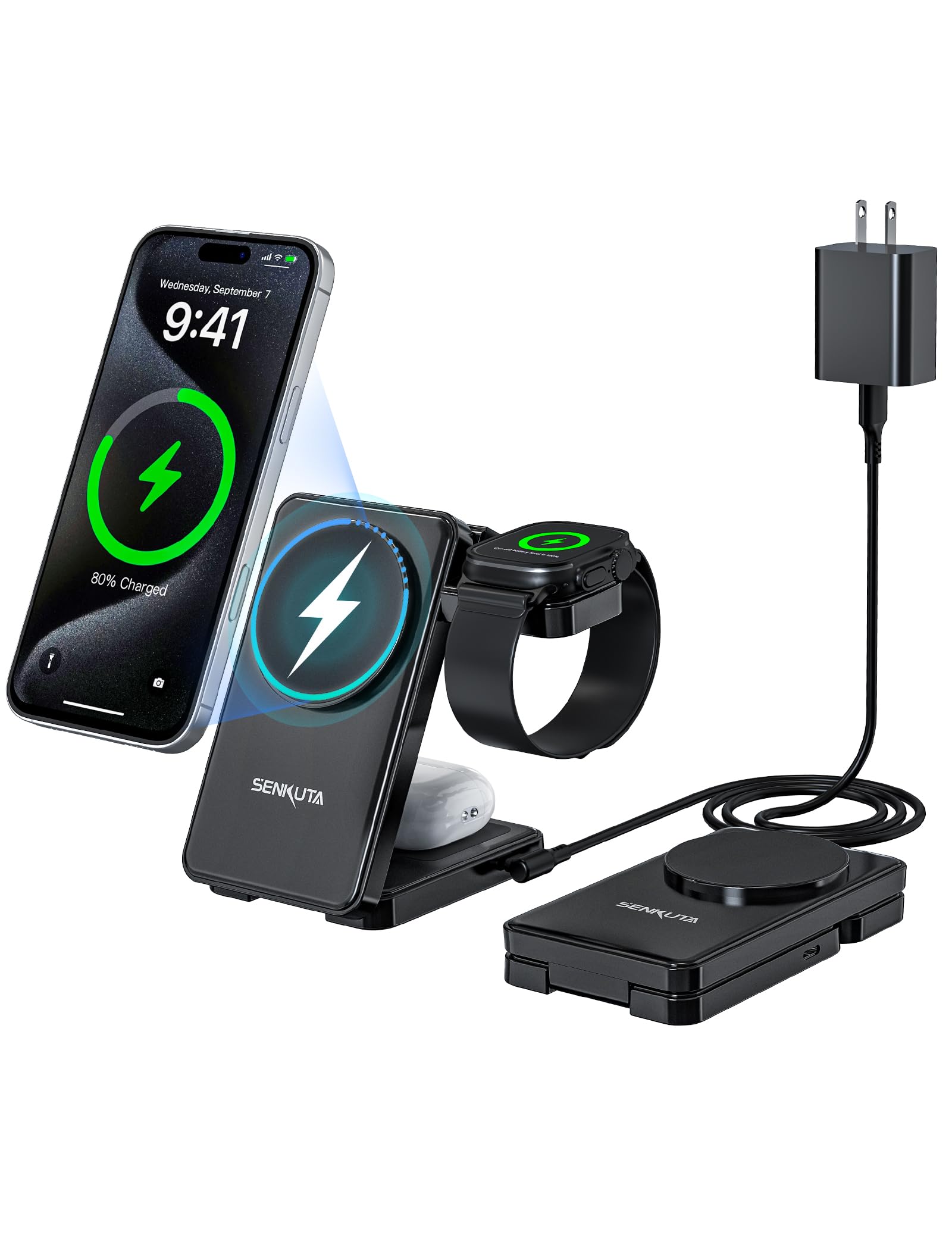 Wireless Charger Charging Station for Apple: 3 in 1 Wireless Charger Multiple Devices for iPhone 16/15/14/13/12 - Fast Travel Ch