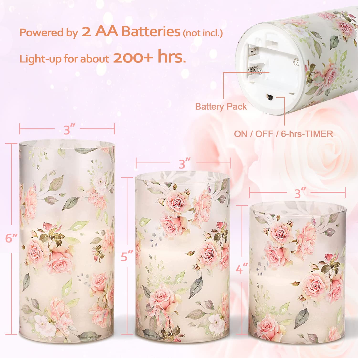 Gorge Moment Rose Flameless Candles Love Theme Battery Operated Glass Effect Flickering Led Candle With Remote Timer Pink Flower