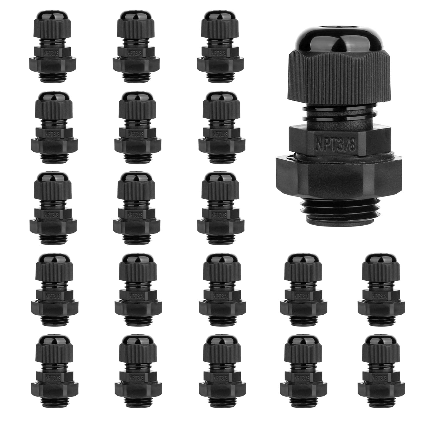 Ampele 20 Pack 3/8'' Npt Cable Gland Waterproof Adjustable 4 8Mm/0.16 0.31Inch Nylon Cable Glands Joints With Gaskets (3/8'', 20