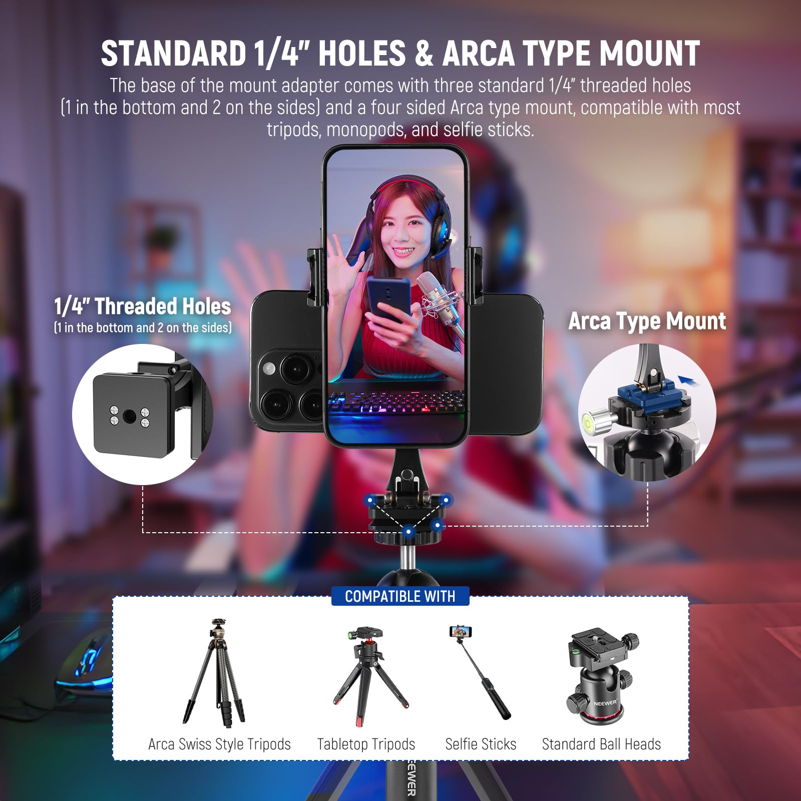 Neewer Metal Phone Tripod Mount Adapter With Arca Qr Base, 360 Rotatable Dual Cell Phone Clip Clamp Holder With 4 Cold Shoes Com