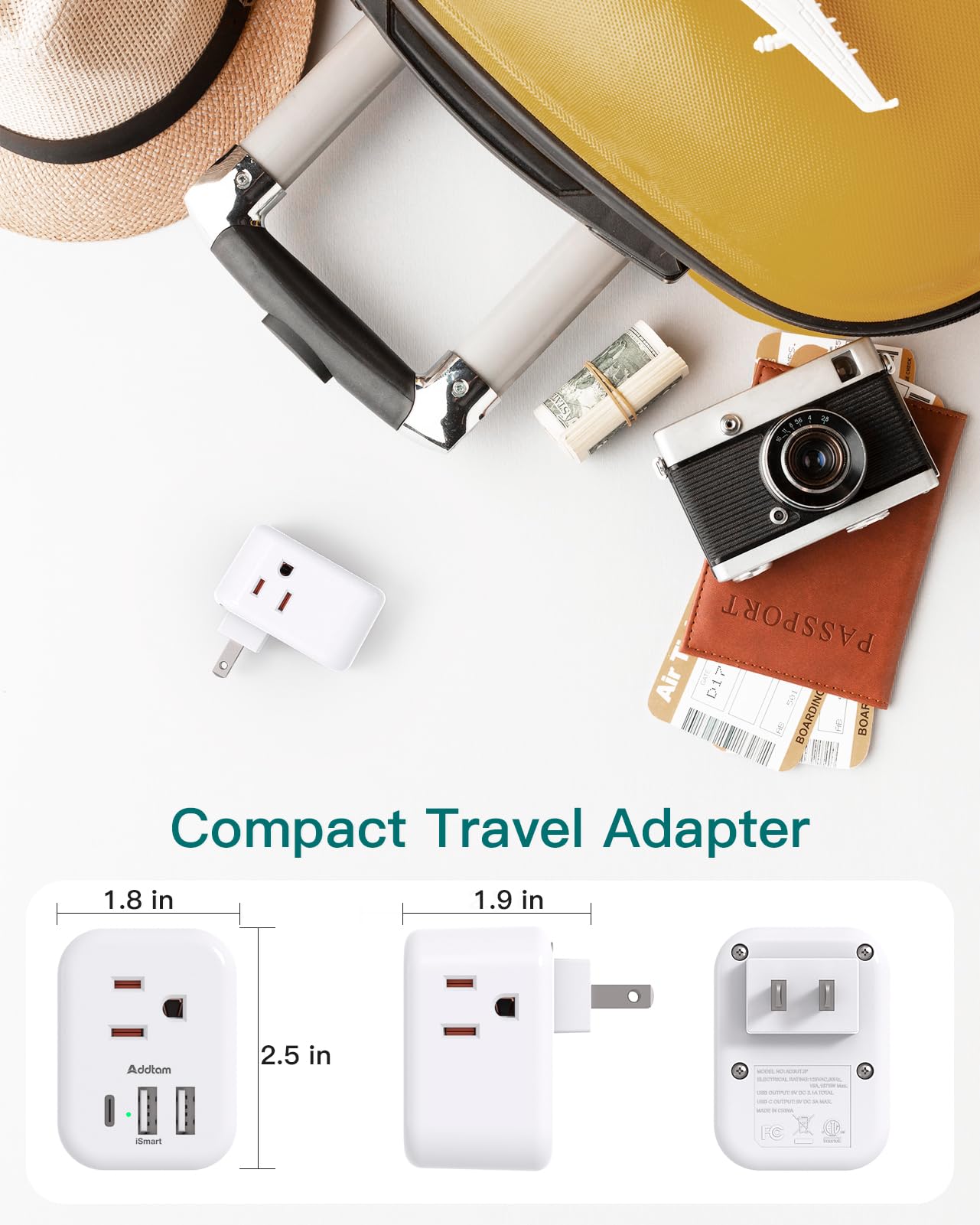Addtam Us To Japan Plug Adapter, 2 Prong To 3 Prong Outlet Adapter With 3 Ac Outlets 3 Usb Ports(1 Usb C), Travel Power Plug Ada