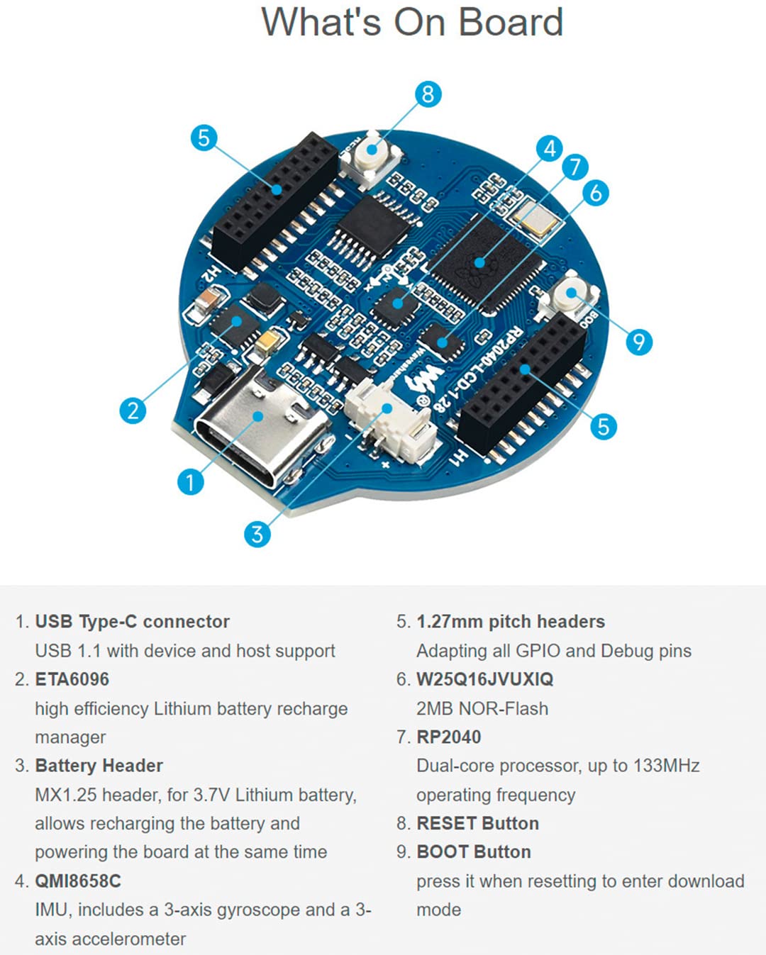 Waveshare Based On Raspberry Pi Rp2040,Rp2040 Mcu Board With 1.28Inch Round Lcd 240X240 Pixels 65K Colorful Ips Lcd Display,Acce