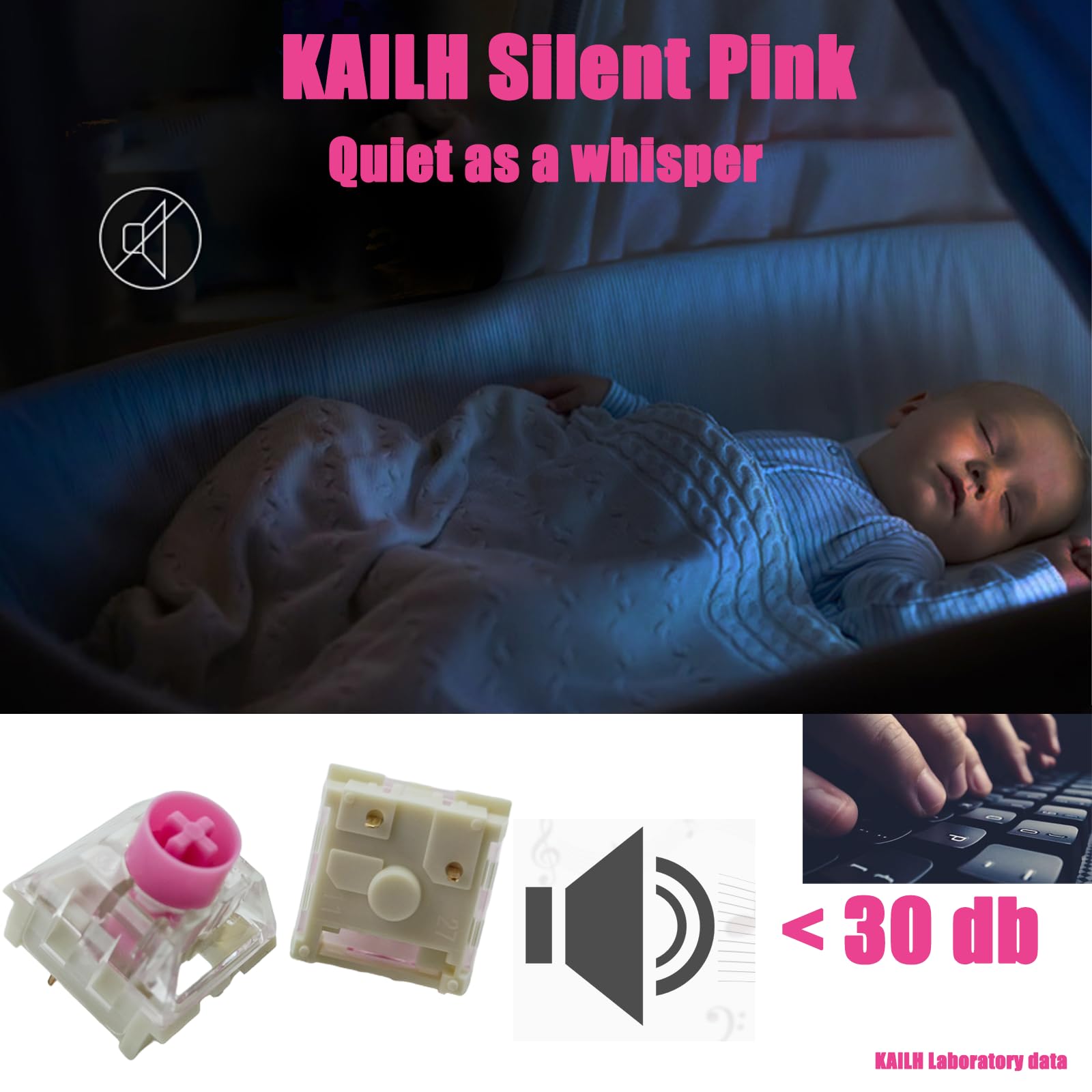 Silent Keyboard Switches,Kailh Box Silent Pink Switches For Mechanical Keyboard,3 Pin 35Gf Linear/Typing&Gaming/Waterproof Switc