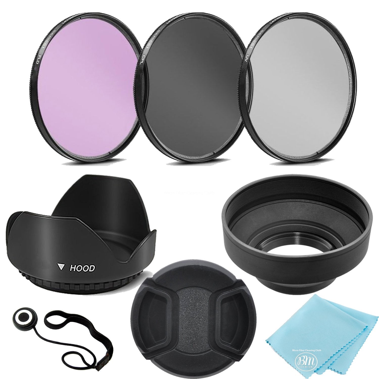 3 Piece Filter Kit (UV-CPL-FLD) + Tulip Lens Hood + Soft Rubber Hood + Lens Cap + for Select Canon, Nikon, Sony, Olympus, Panaso