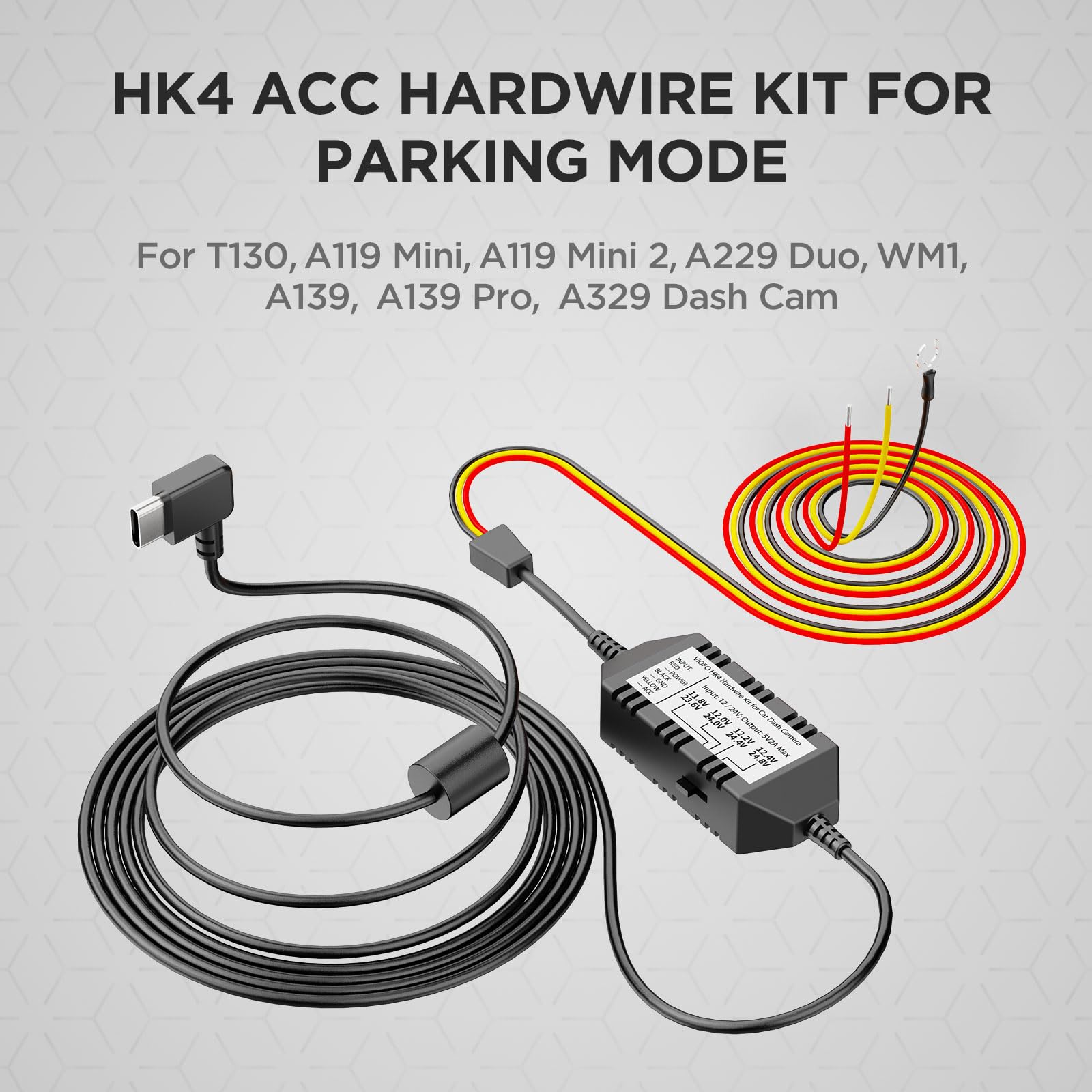 Viofo Hk4 Acc Hardwire Kit, Usb C Hard Wire Kit For T130, A119Mini Dash Cam, Low Voltage Protection For Parking Mode