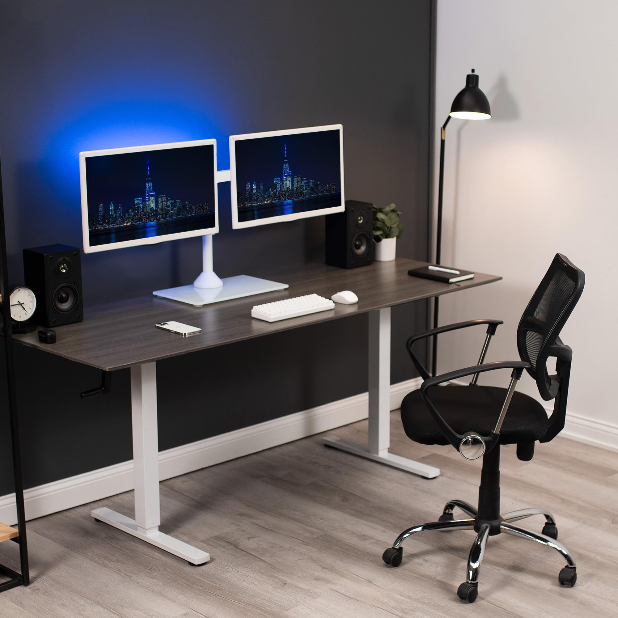 VIVO Freestanding Dual Monitor Stand with Sleek Glass Base and Adjustable Arms, Mounts 2 Screens up to 32 inch and 22 lbs Each, White, STAND V002FGW