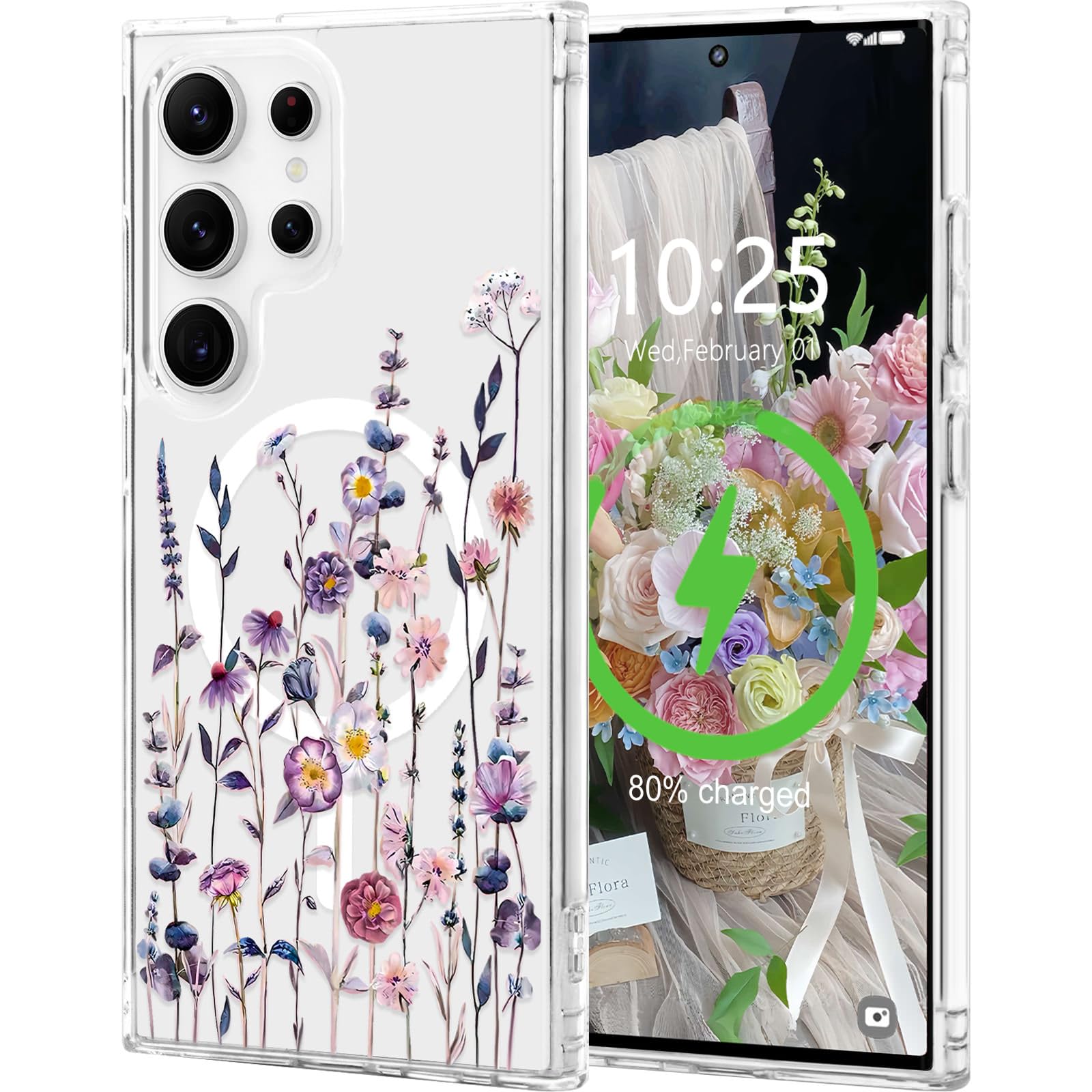 L-FADNUT for Samsung Galaxy S22 Ultra 5G Case [Compatible with Magsafe], Cute Flower Girls Women Clear Case Silicone Shockproof 