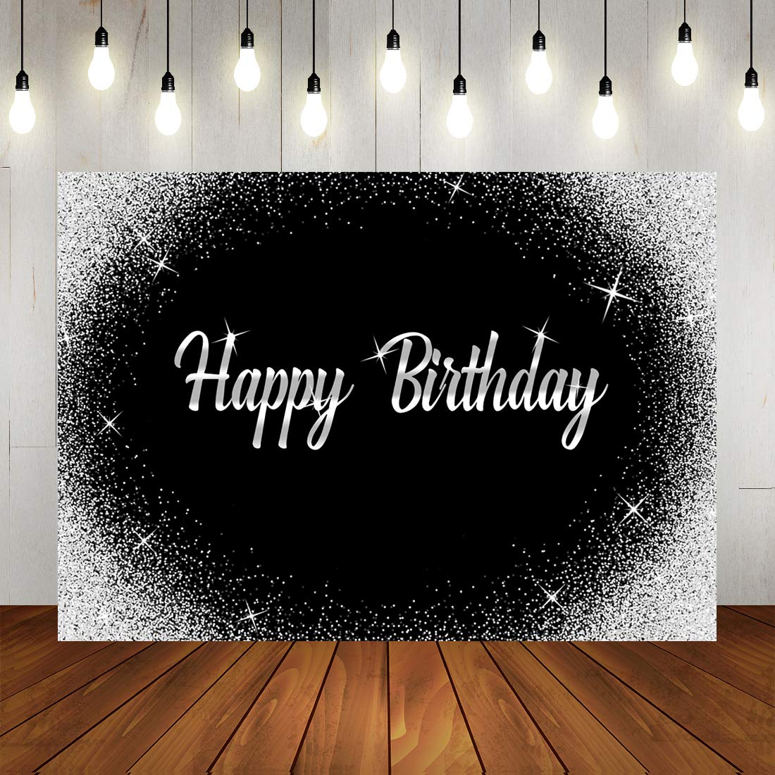 Happy Birthday Backdrop Glitter Silver Dots And Black Photography Background 7X5Ft Birthday Party Decorations Banner For Any Age