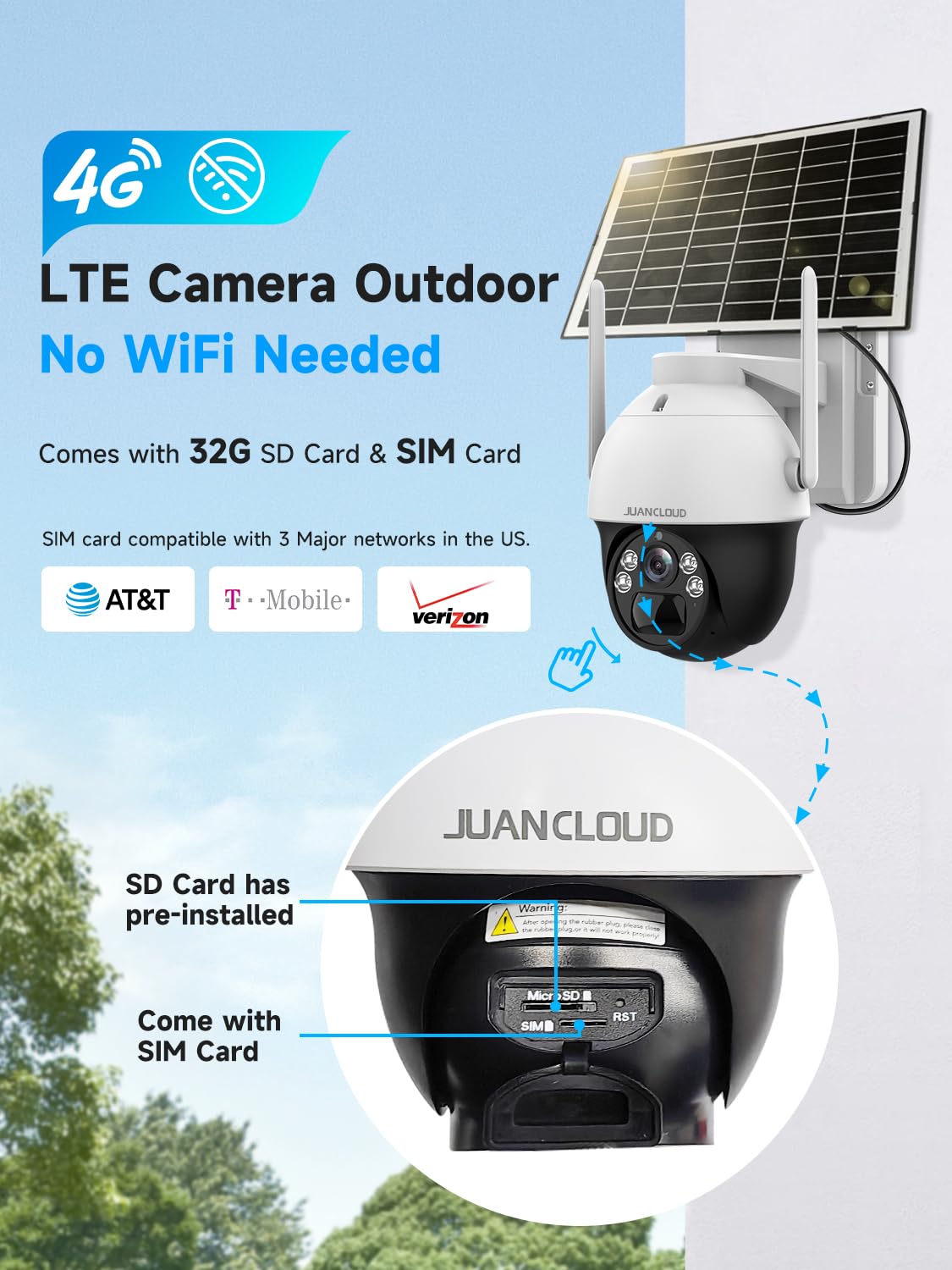 Juancloud 4G Lte Cellular Security Camera Outdoor Includes Sd&Sim Card, 4Mp No Wifi, Solar Powered 18000Mah, 2K Live 360, Color
