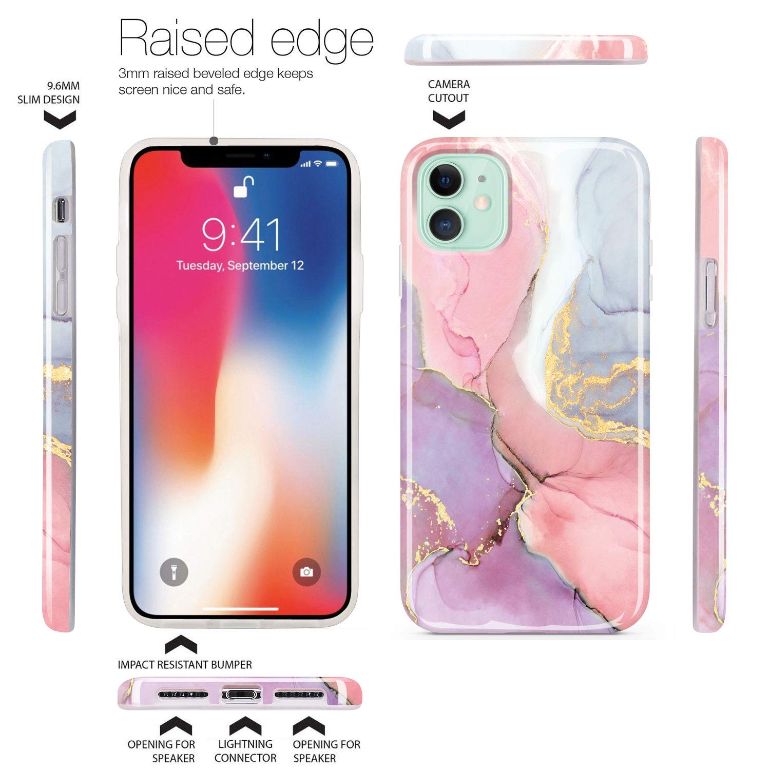 JIAXIUFEN iPhone 11 Case Gold Sparkle Glitter Marble Slim Shockproof TPU Pink Purple 6.1 inch