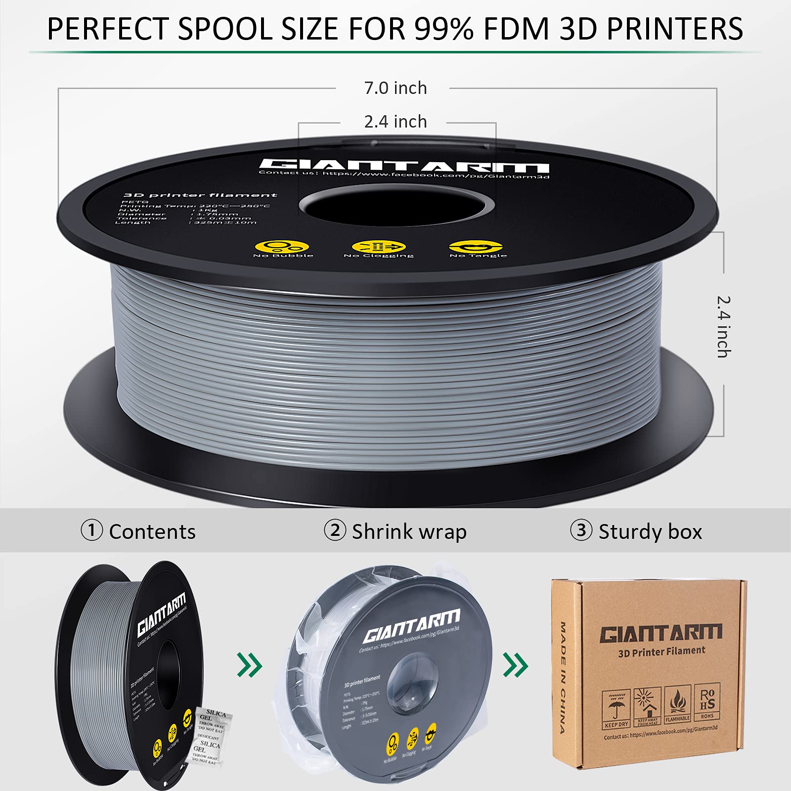 Giantarm Grey Petg 3D Printer Filament Toughness Enhanced 1Kg (2.2Lbs), 1.75Mm Dimensional Accuracy +/ 0.03Mm, 1080 Feet(330M)/R