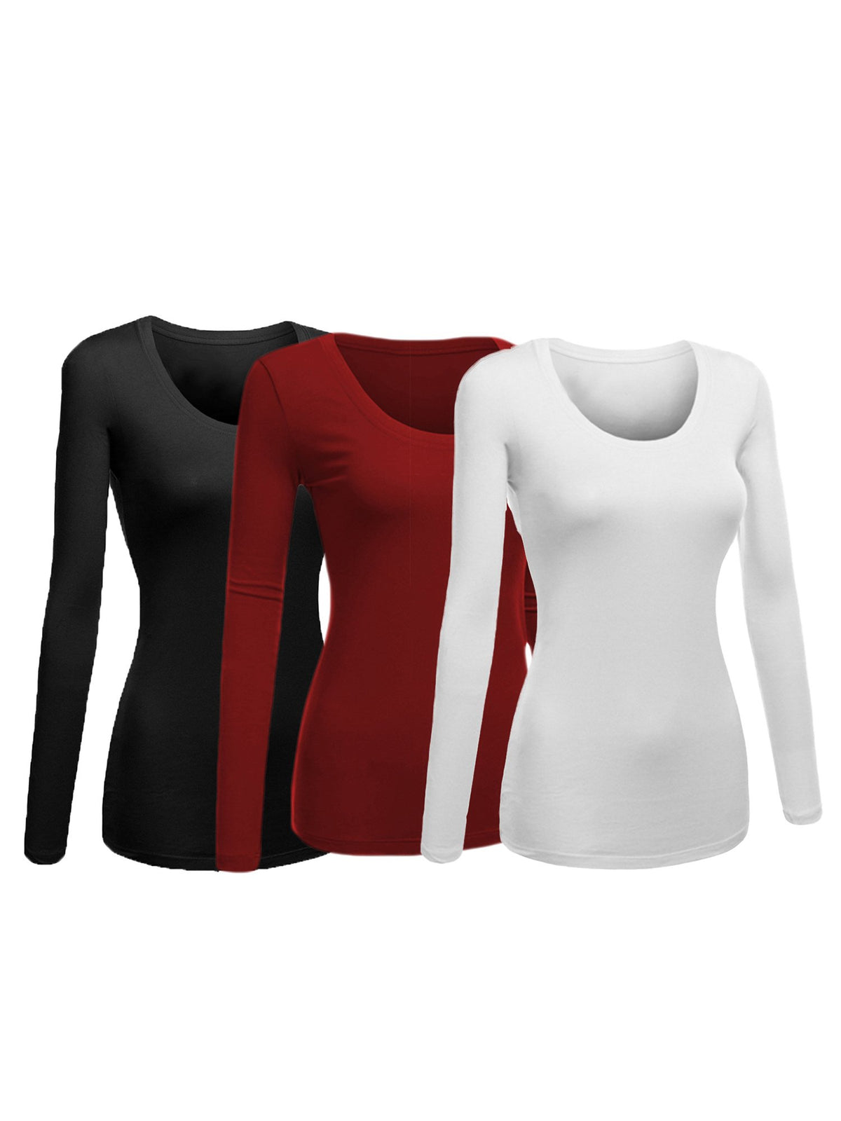 Emmalise Womens Junior And Plus Size Basic Scoop Neck Tshirt Long Sleeve Tee, Medium, 3Pk Black, Burgundy, White