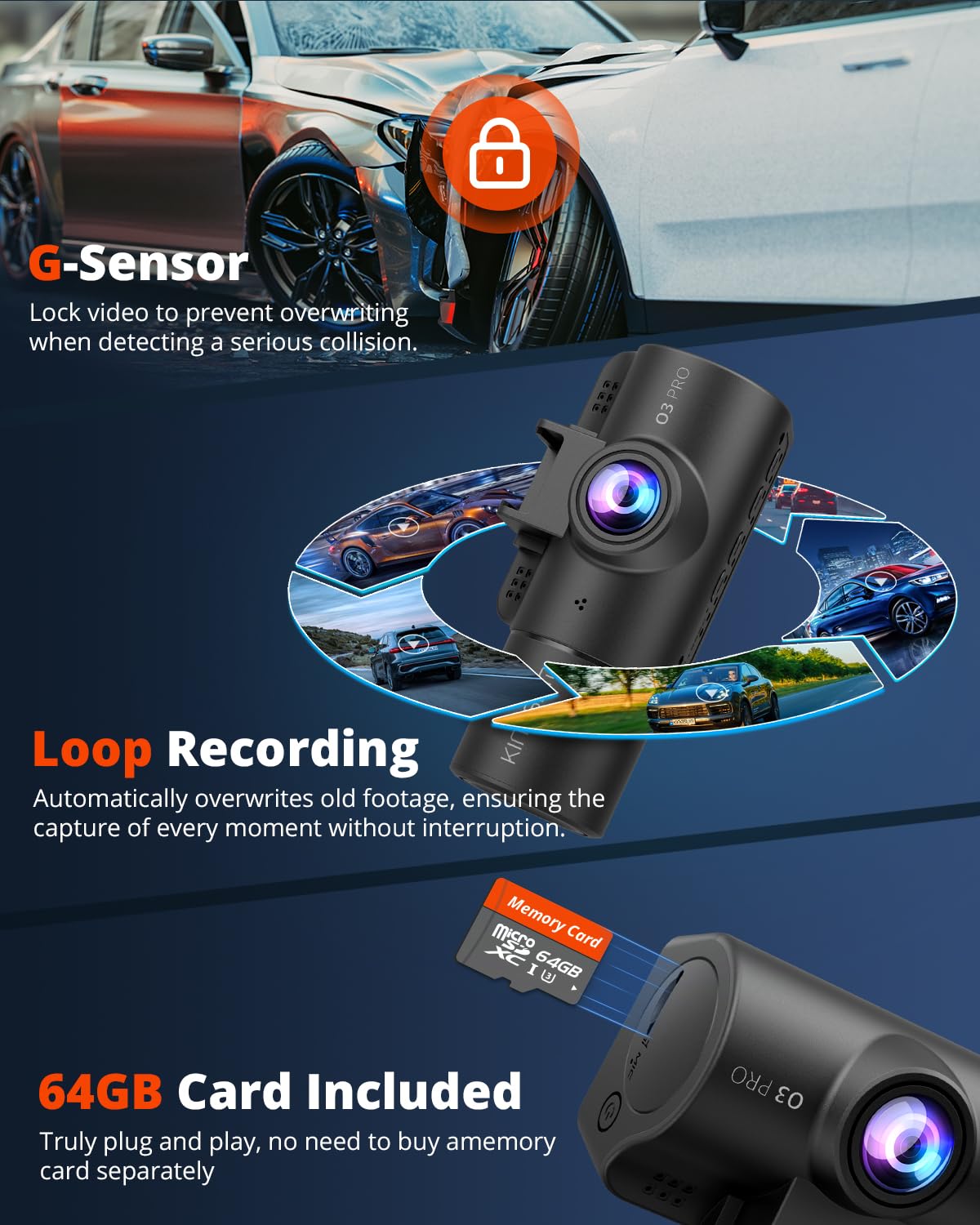 Kingslim 3 Channel 5G Wifi Dash Cam With 64Gb Card, 2.5K/1080P Front And Rear Inside Dashcam, 2.5K/1080P/1080P Three Way Dash Ca