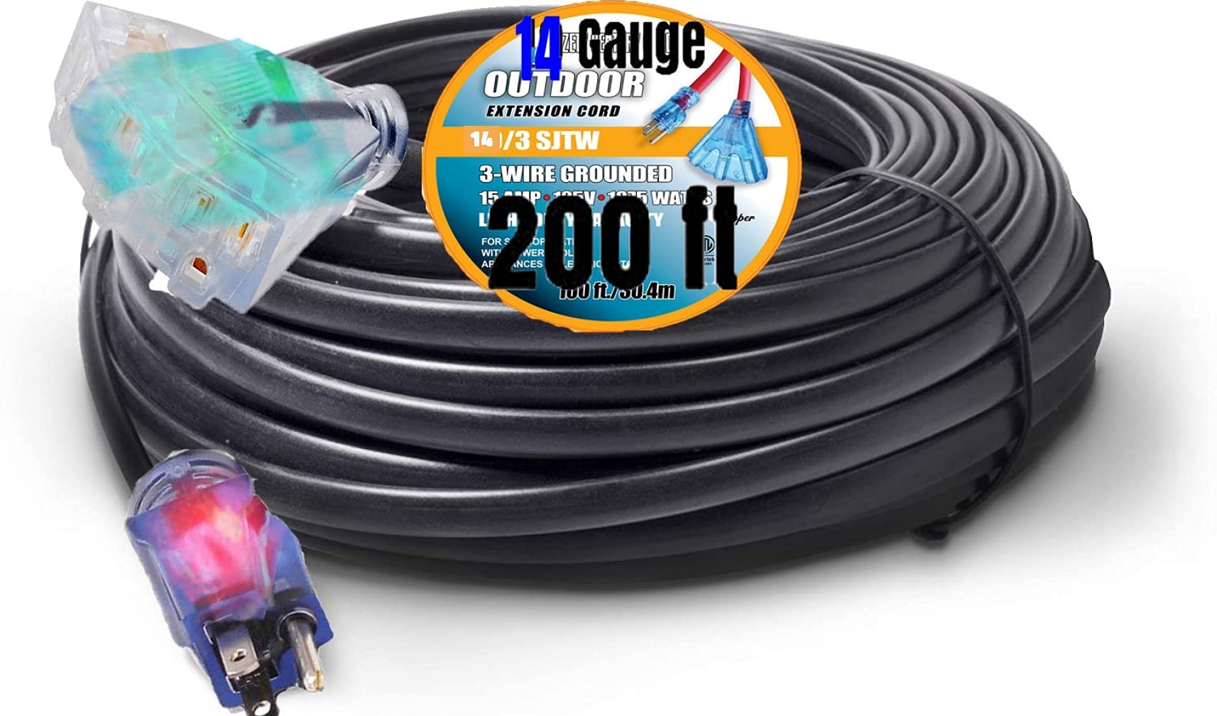 Pizety 200 Ft Extension Cord Indoor/Outdoor Heavy Duty 125 Volts 1875 Watts Triple Outlet With Lighted End 14 Gauge Extension Co