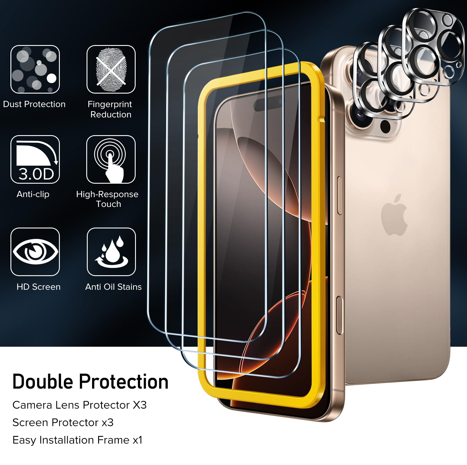 Ivoler 3+3 Pack Tempered Glass For Iphone 16 Pro Max 6.9'' Screen Protector [3 Pack] With [3 Pack] Camera Lens Protector With [A