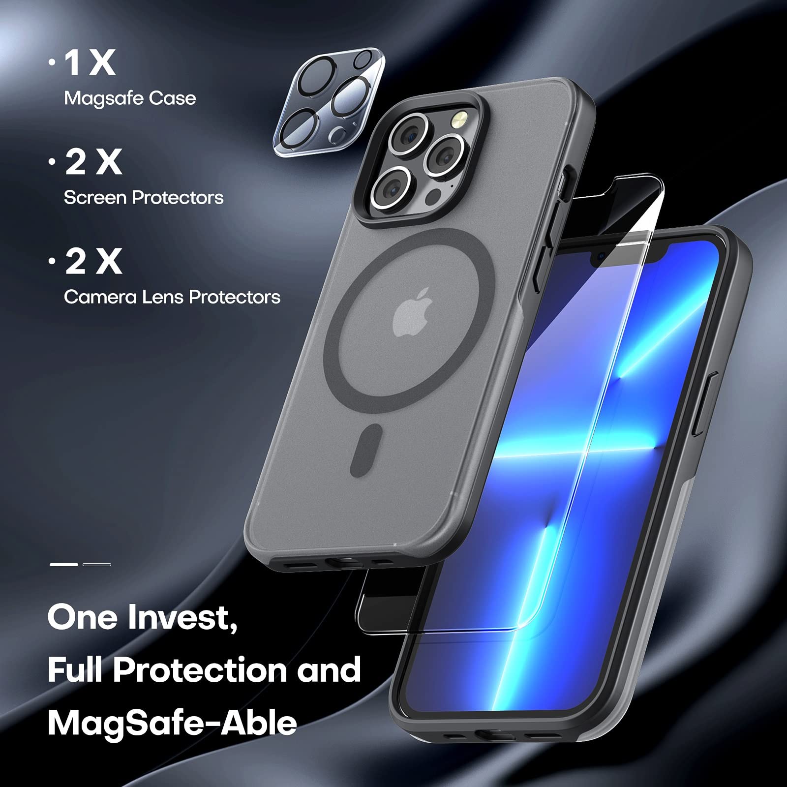 Tauri 5 In 1 Magnetic For Iphone 13 Pro Max Case, [Designed For Magsafe] With 2X Screen Protector + 2X Camera Lens Protector, Military Grade Protection Phone Case   Matteblack