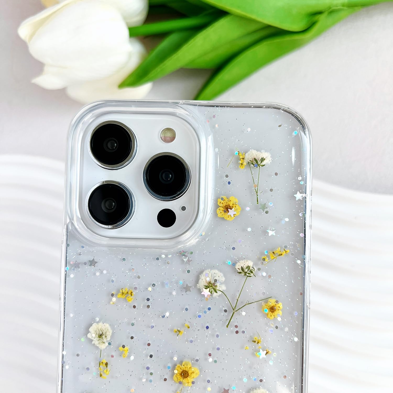 Lseeka For Iphone 15 Pro Max Clear Case With Pressed Real Flowers Design,Glitter Cute Yellow Floral Pattern Slim Soft Tpu Protec