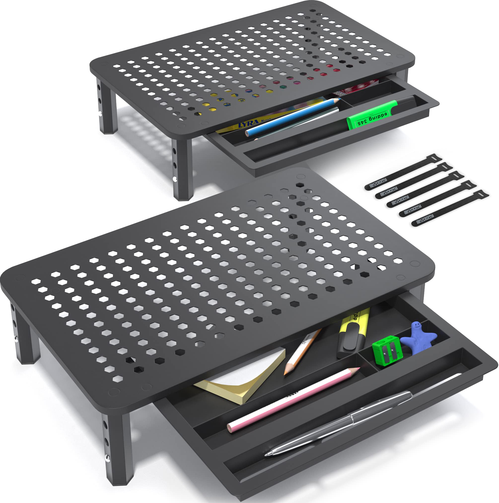 Evoomi Back Saver Monitor Stand For Desk   2 Pack Monitor Riser With Drawer   Gain 5 Weeks A Year, Less Pain & Peak Productivity