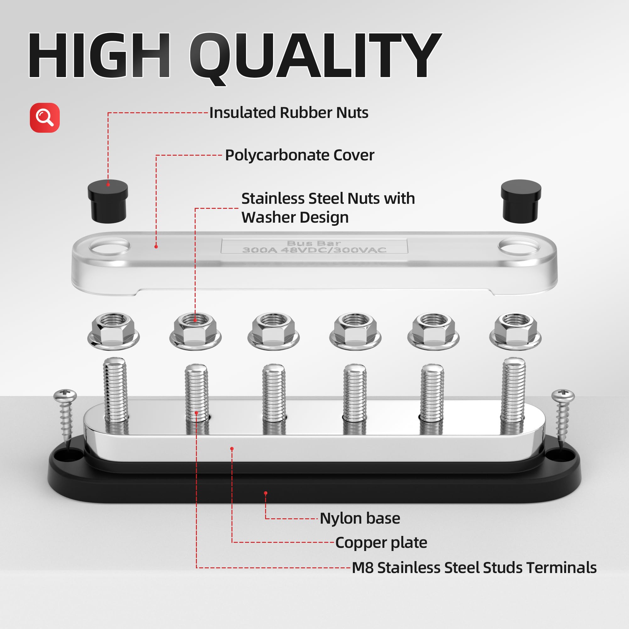Daiertek Power Distribution Block 300A 12V Bus Bar 5/16' 6 Post Terminal Block With Cover Max 48V Dc/300V Ac For Marine Automotive Car Truck Solar Systems (Positive And Ground)