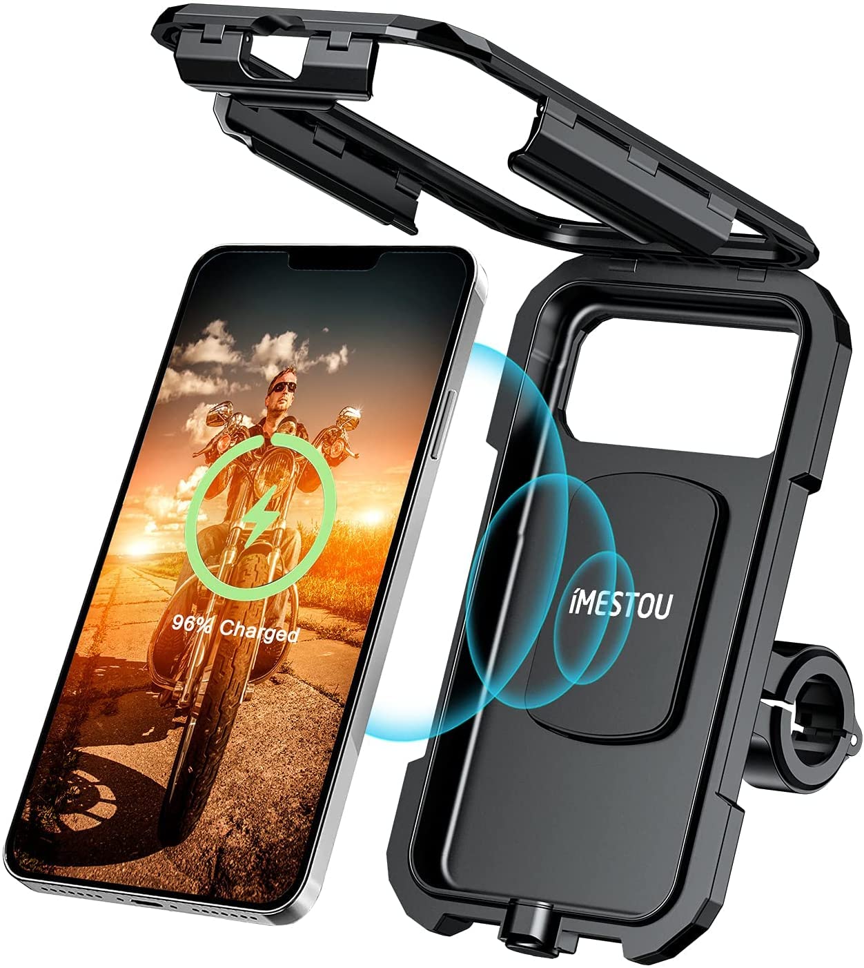 Imestou Waterproof Ip67 Motorcycle Phone Mount Wireless/Usb C Charger Handlebar Cellphone Holder Quick Charge For 5.5''-6.8'' Ph