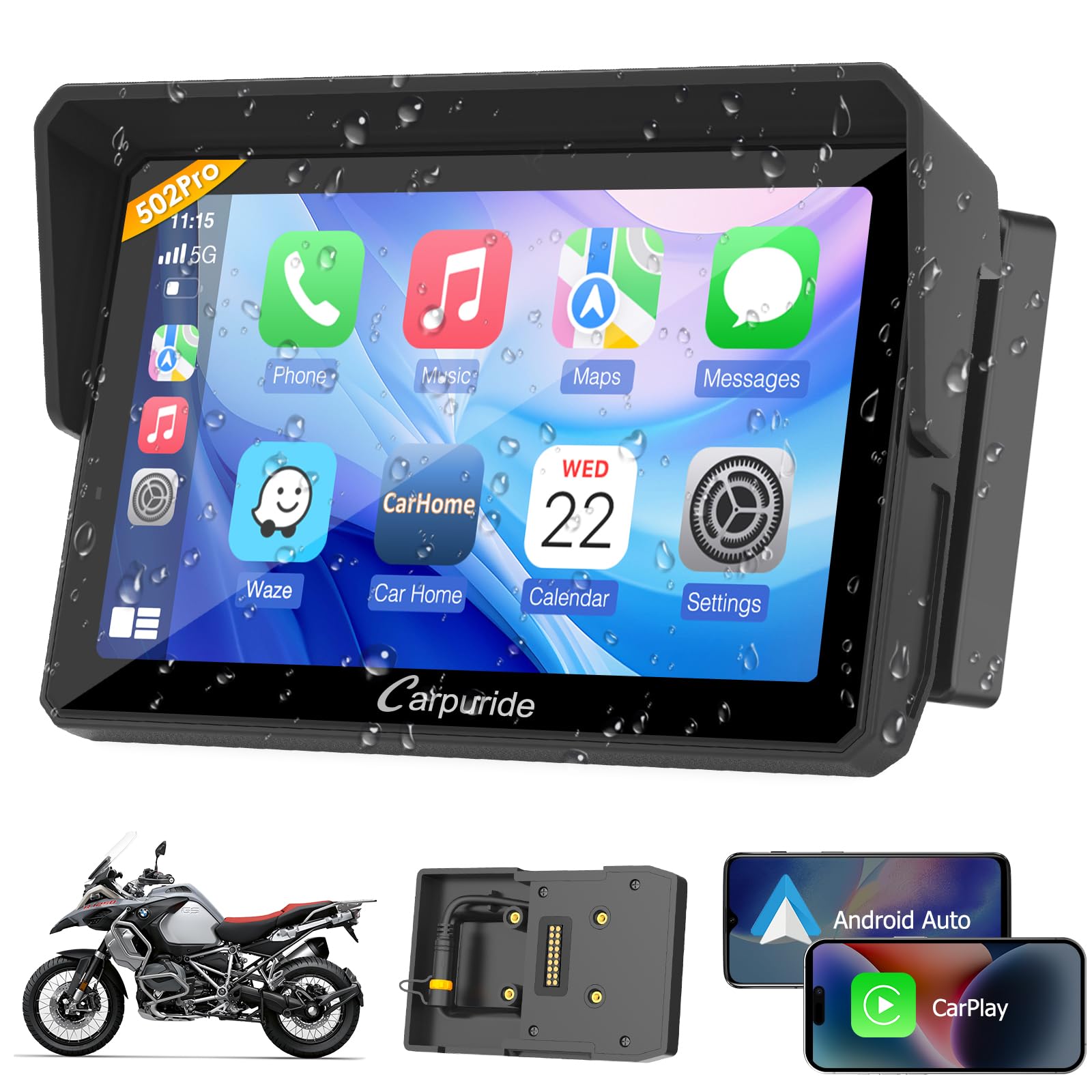 Carpuride W502B Pro For B.M W Motorcycle Carplay & Android Auto & Dual Bluetooth, 5'' Waterproof Gps Navigation Screen For Motor