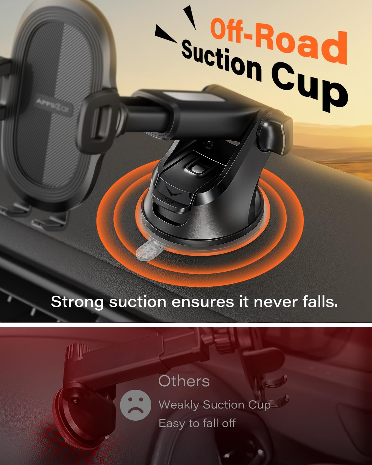 Apps2Car Suction Cup Phone Mount, Universal Phone Holders For Your Car Windshield/Dashboard/Window, Cell Phone Holder Car With Sticky Gel Pad, Compatible With Iphone, Samsung, All Cellphone