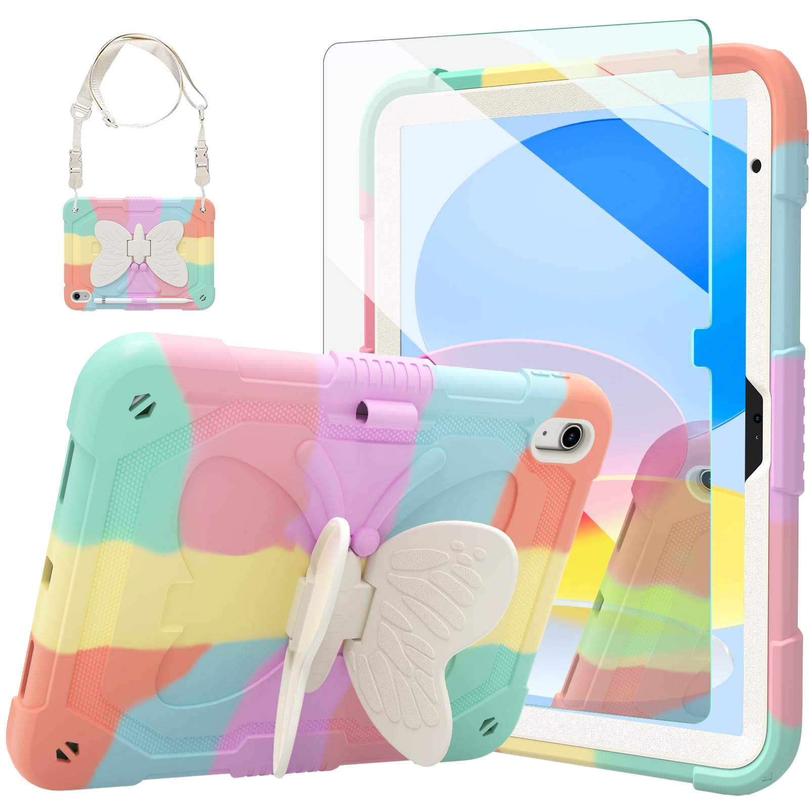 Ambison Case For Ipad (A16) 11Th/10Th Generation (2025/2022) 11''/10.9'' For Kids Girls With 9H Tempered Glass Screen Protector, Heavy Duty Protective With Butterfly Stand, Carrying Strap Multicolor