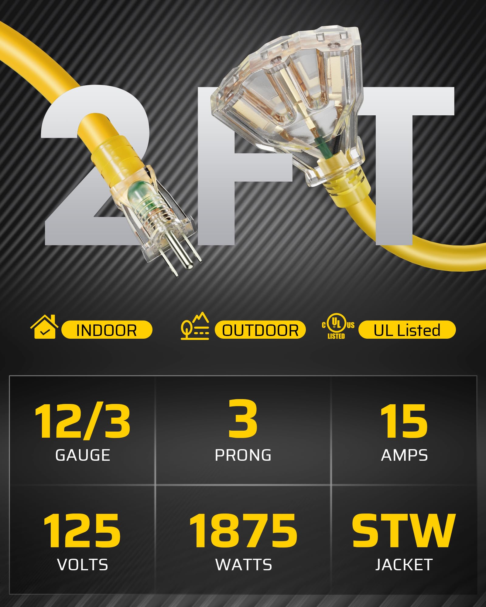 Dewenwils 2 Ft 12/3 Gauge Indoor/Outdoor Tri Tap Extension Cord Splitter, Sjtw 15 Amp Yellow Outer Jacket Contractor Grade Heavy