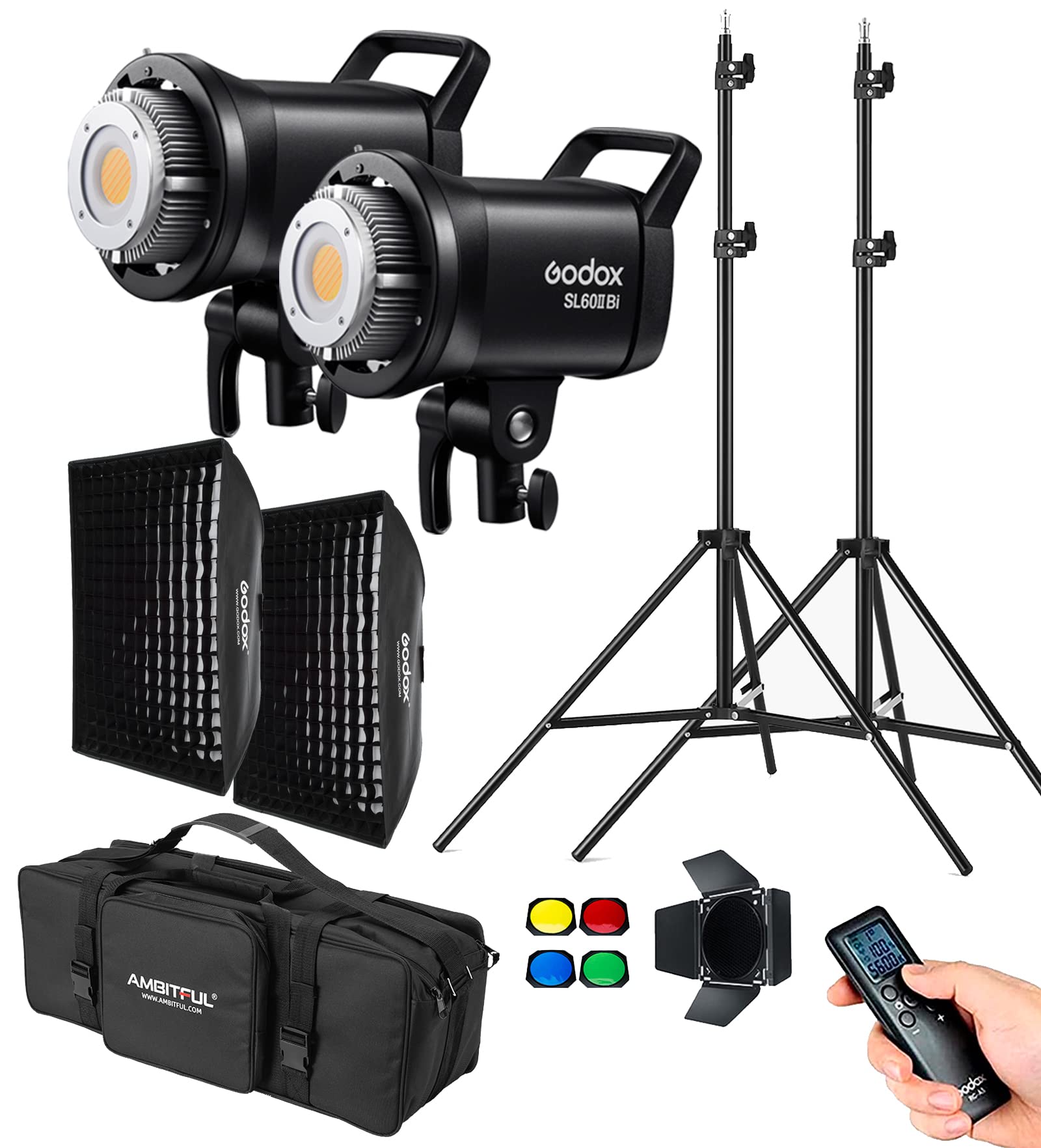 Godox Sl60Iibi Sl60Ii Bi Led Video Lights,Cri96+,Tlci97+ White Bowens Mount With Grid Soft Box,Carrying Bag, Light Stand (Sl60Ii