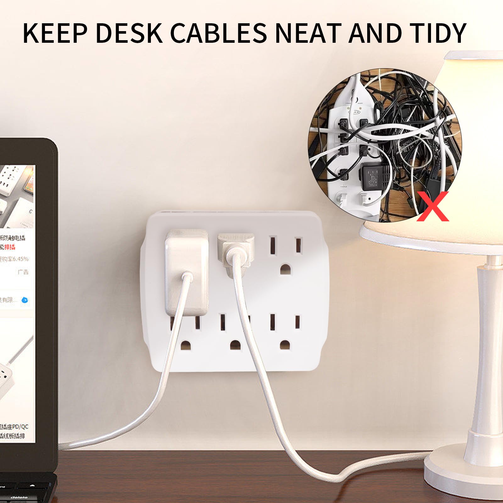 Extrastar 6 Outlet Extender, Multi Plug Outlet With 3 Prong Electrical Outlet Splitter, 15A/125Vac/1875W, Grounded Wall Outlet T