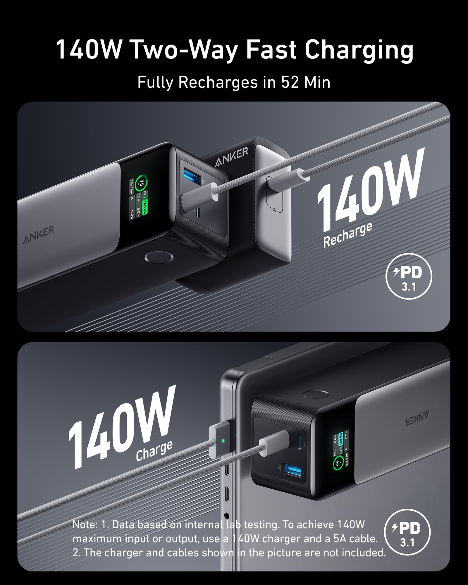 Anker 737 Power Bank, 24,000Mah 3-Port Laptop Portable Charger With 140W Fast Charging, Smart Display, For Outdoor Work, Compati