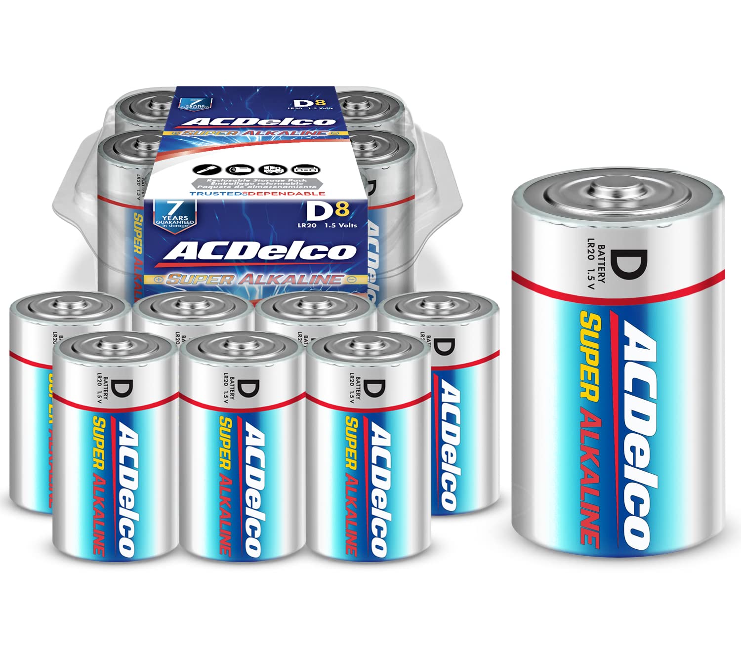 Acdelco 8 Count D Batteries, Maximum Power Super Alkaline Battery, 7 Year Shelf Life, Recloseable Packaging