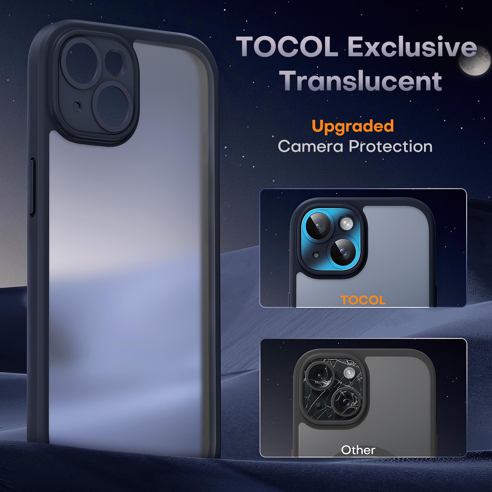 Tocol For Iphone 15 Plus Case, Upgraded Full Camera Protection, 15Ft Drop Protection, Translucent Matte Back Bumper Phone Cover