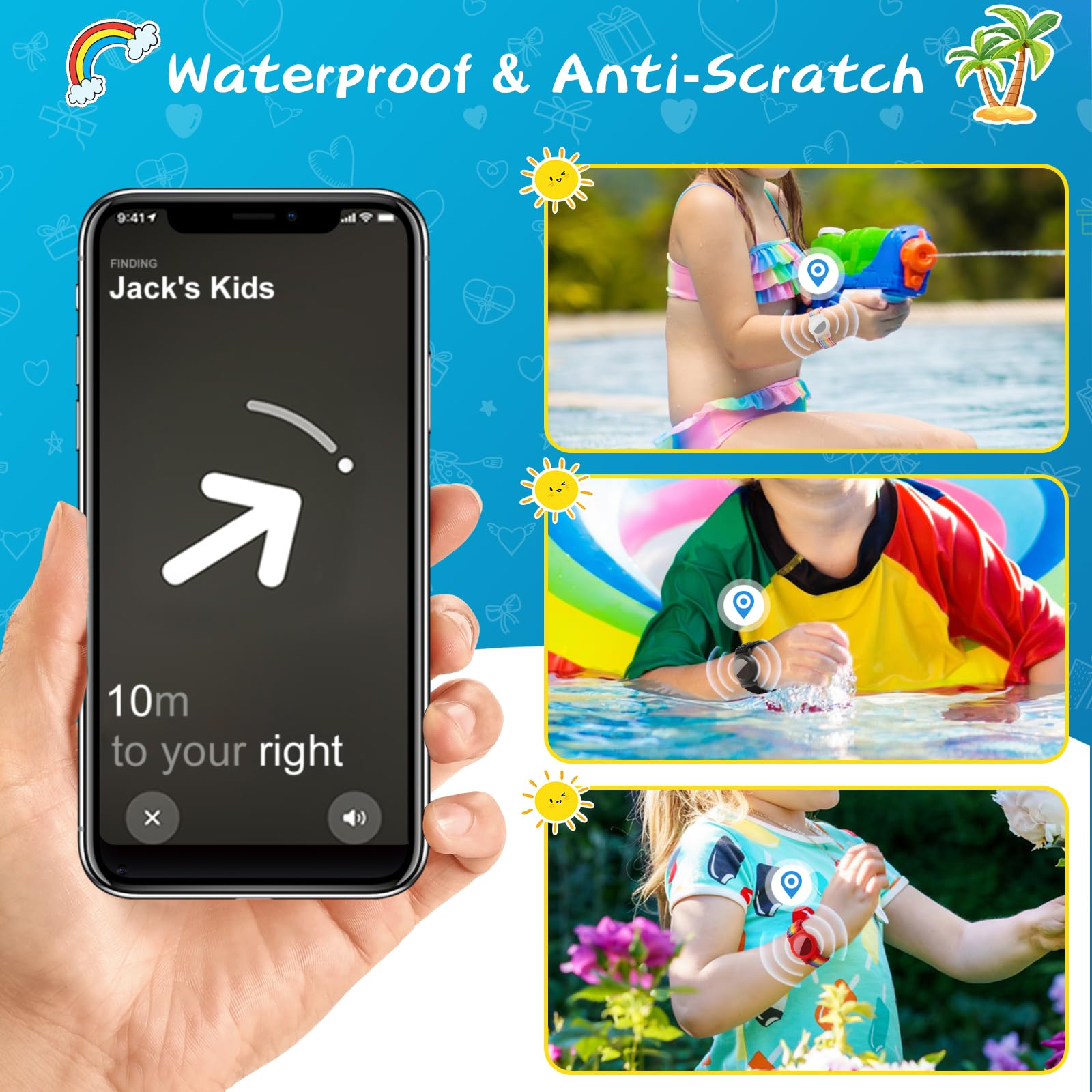 HISEEYE Waterproof Bracelet for AirTag - Soft Nylon Kids Wristband 4 Pack, Black/Blue/Rainbow, Model SB-03