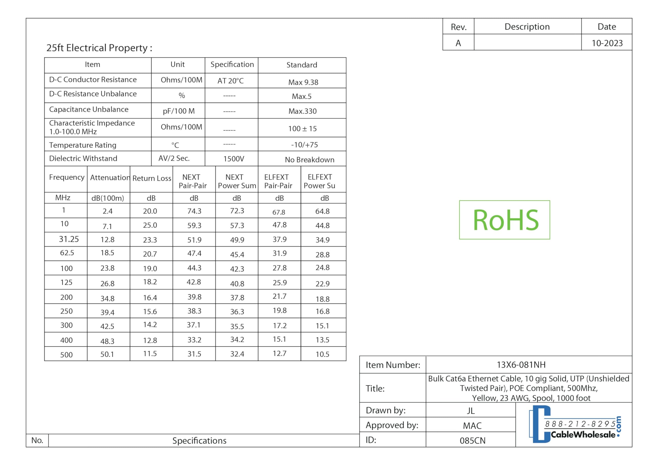 Cablewholesale 1000 Foot Bulk Cat6A Ethernet Cable Spool 500 Mhz, 23 Awg, Utp(Unshielded Twisted Pair) Solid Copper, Gray