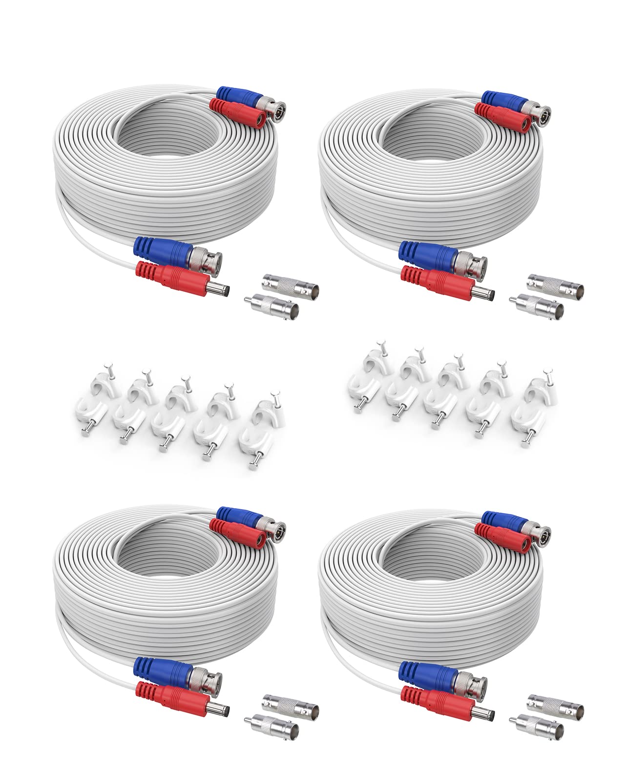 Sannce 4 Pack 100Ft Bnc Video And Power Security Camera Cable With Bnc Connectors And Rca Adapters For Cctv Camera System 100Pcs Cable Clips Included (White)