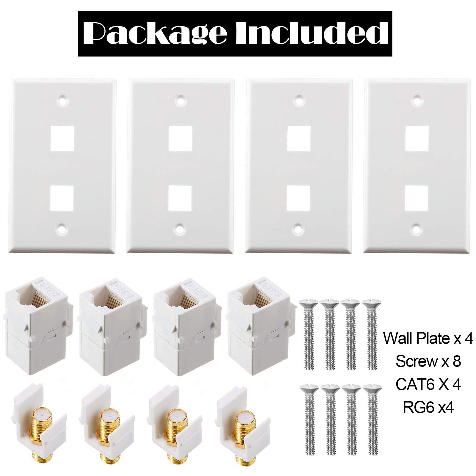 Weewooday 4 Pack Cat6 Ethernet Coax Wall Plates Gold-Plated F-Type Port Plastic White