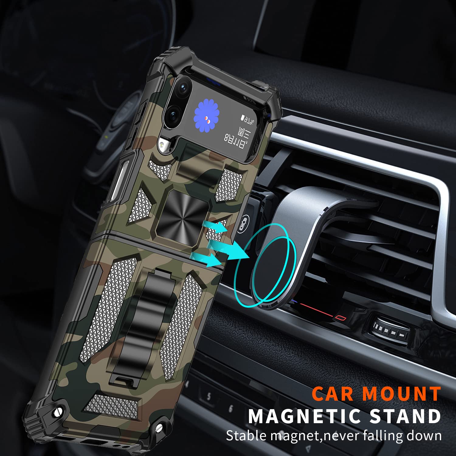 Ephoou Camo Case For Samsung Galaxy Z Flip4, Military Grade Shockproof Phone Case Cover With Kickstand For Samsung Galaxy Z Flip