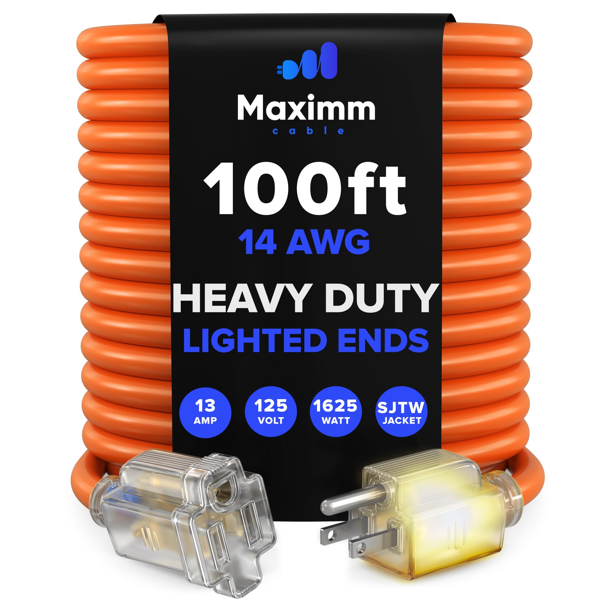Maximm 100 Ft Orange Extension Cord, Heavy Duty 3-Prong Outdoor Power Cable, Lighted, ETL Listed for Contractors, 14AWG