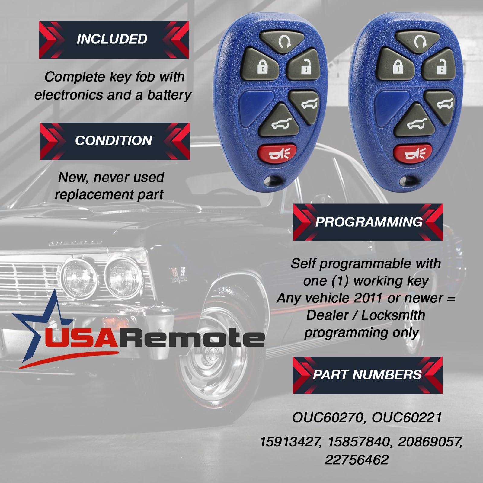 Key Fob Keyless Entry Remote Fits 2007 2014 Chevy Tahoe Suburban / 2007 2014 Cadillac Escalade / 2007 2014 Gmc Yukon (Blue), Set