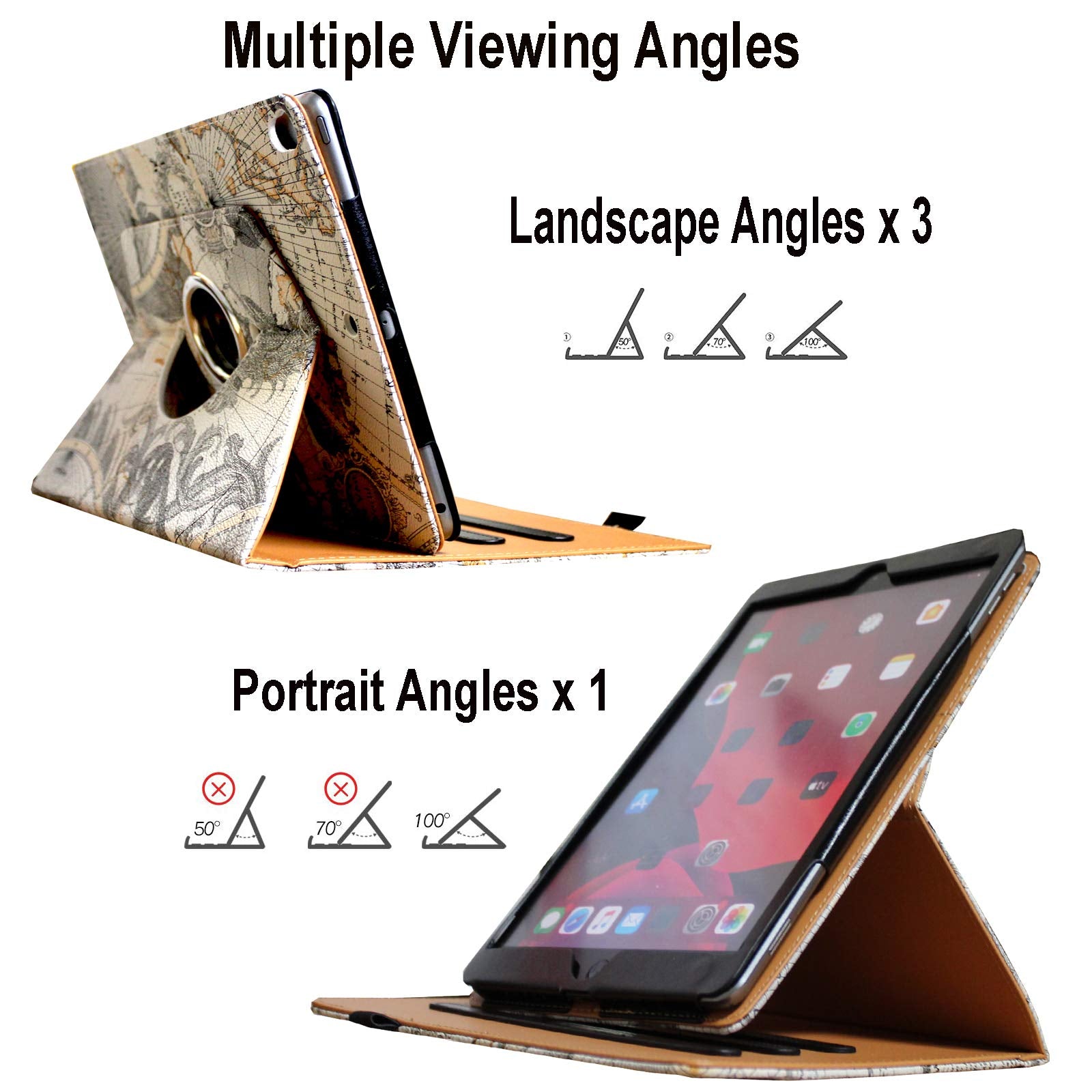 Jytrend Case For Ipad 9.7 (2018) 6Th/(2017) 5Th Generation, Ipad Air 1 (2013)/Air 2 (2014), 360 Rotating Multi Angle Viewing Stand Smart Cover With Pocket And Pen Holder, Auto Wake Up/Sleep (Map)