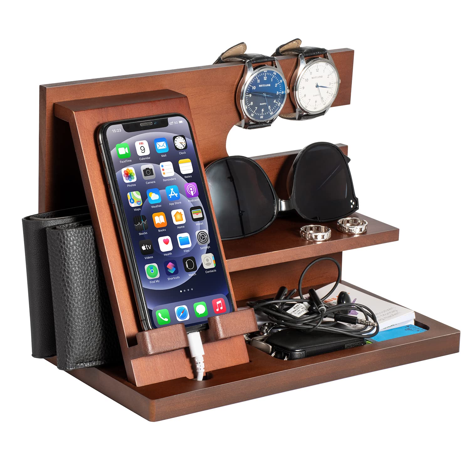 Gifts For Men Dad Husband Boyfriend Wood Phone Docking Station For Dad Gifts Key Wallet Stand Watch Organizer Birthday Gifts For