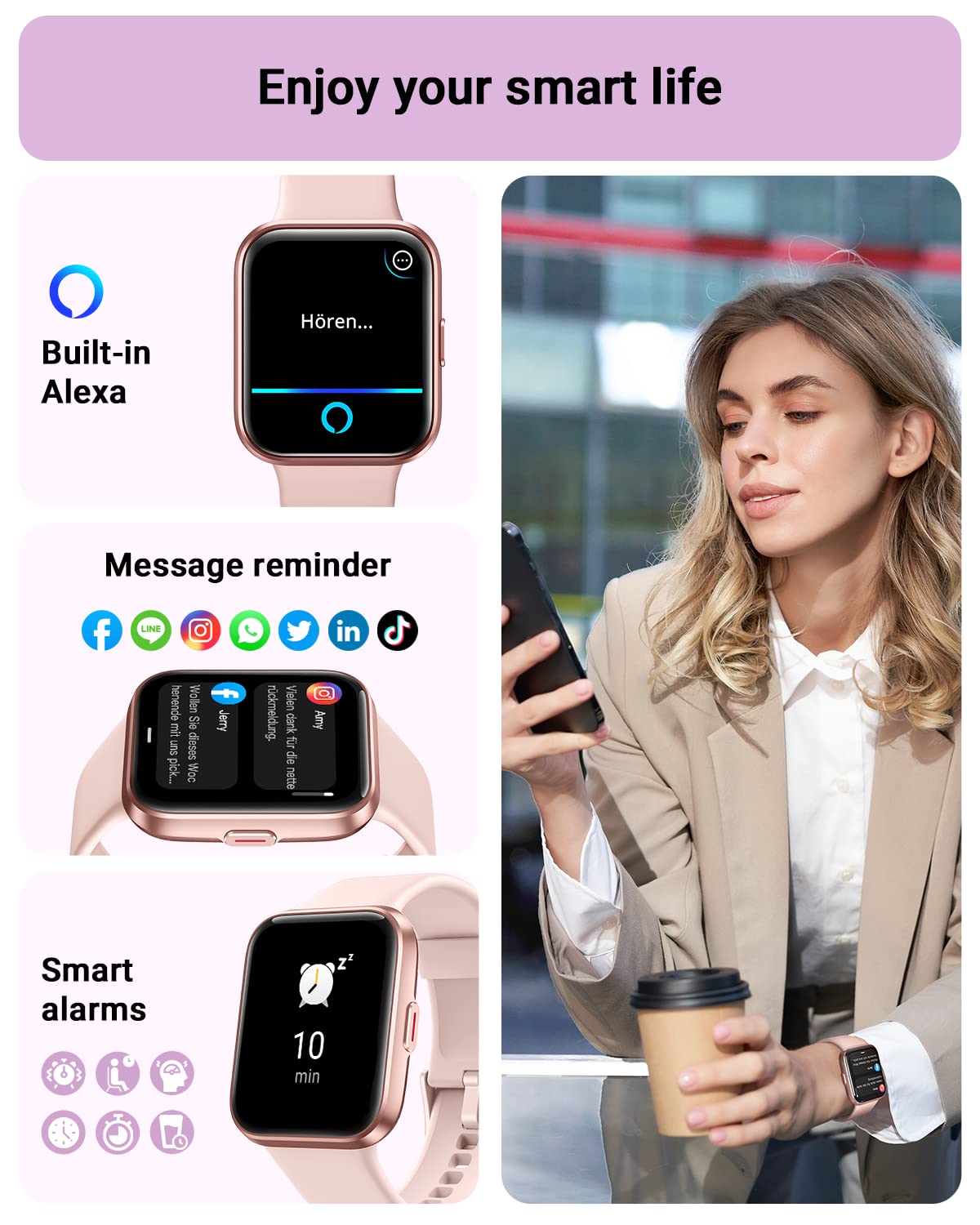 Smart Watch For Women Android & Iphone, Alexa Built-In, 1.8 '' Touch Screen Fitness Tracker With Answer/Make Calls, Ip68 Waterpr