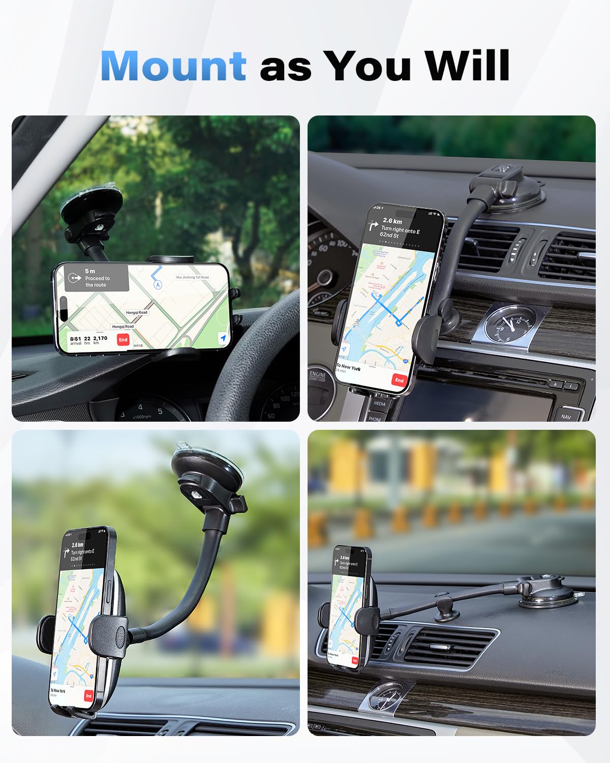 1Zero Solid Car Truck Phone Mount Holder With Thick Gooseneck Long Arm, Windshield Window Mobile Holders W/Industrial-Strength S
