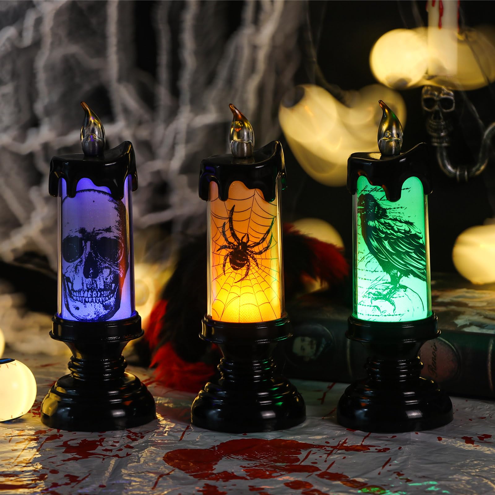 Eldnacele Halloween Flameless Candle Lamp Battery Operated With Remote And Timer, Spooky Horror Skull Crow Spider Decals Led Can