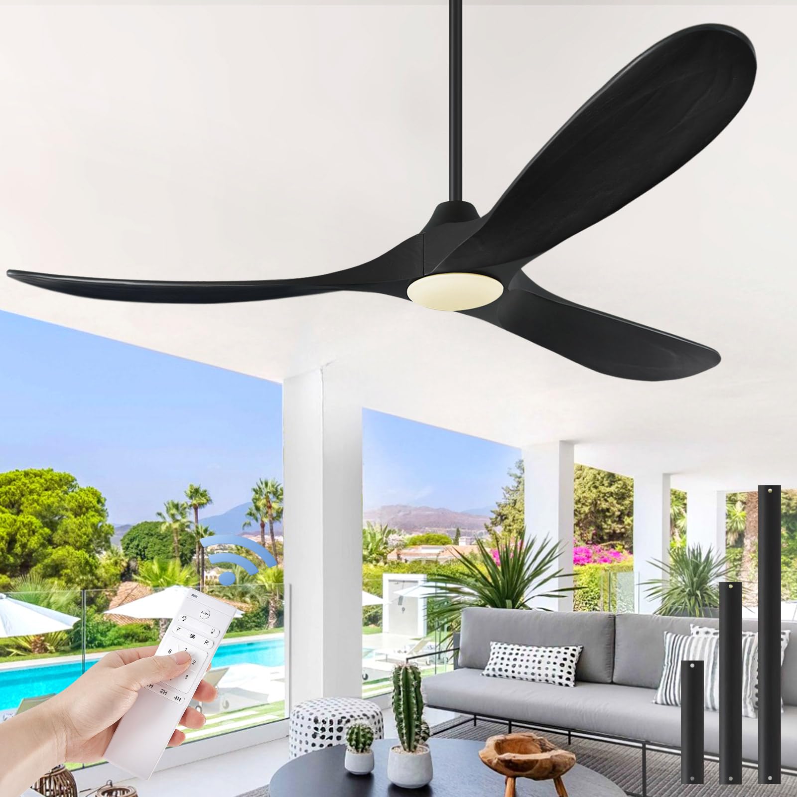 Abz Ceiling Fans With Lights   60 Inch Propeller Ceiling Fan With Remote Control, 3 Blades Black Solid Wood Ceiling Fan For Indo