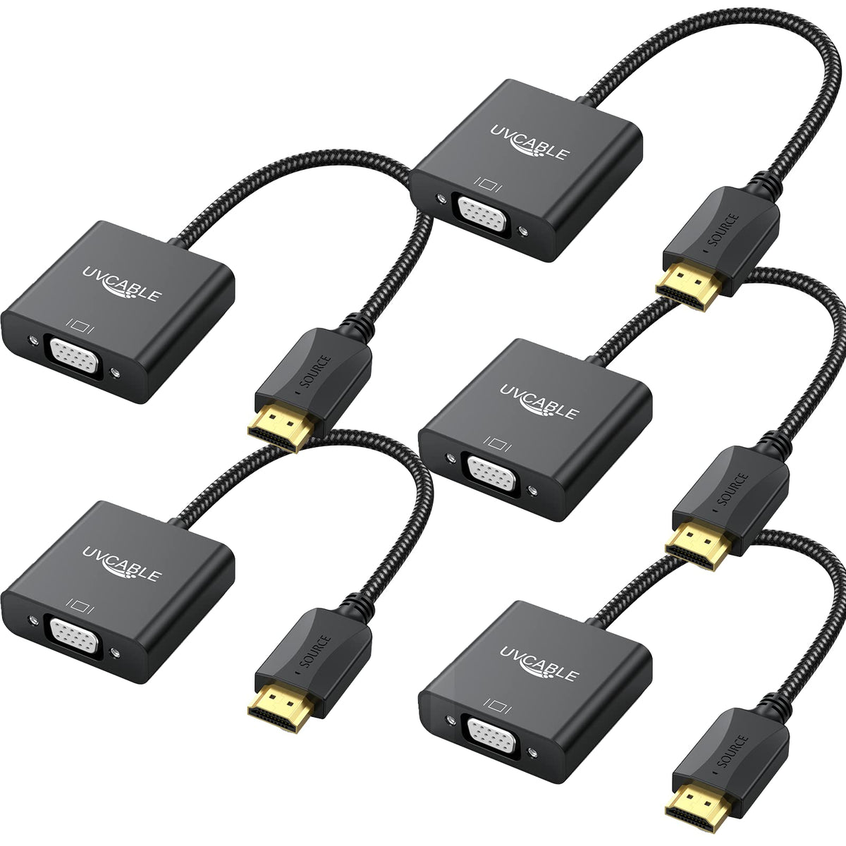 Hdmi To Vga Adapter 5 Pack Black,Braided Hdmi To Vga Adapter Male To Female Cable 1080P For Desktop, Laptop, Pc, Monitor, Projector, Hdtv, Chromebook, Raspberry Pi, Roku, Xbox And More Braided